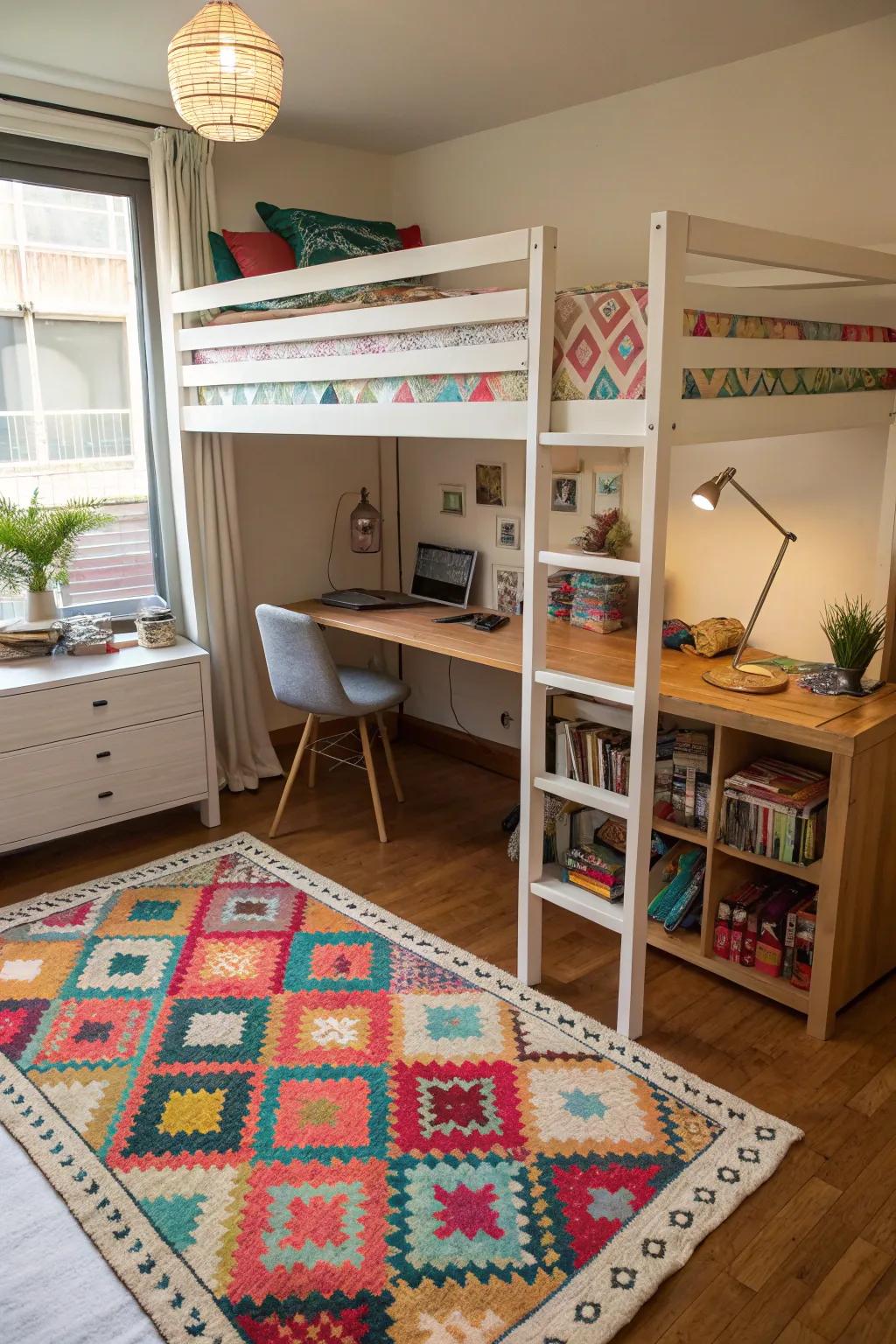 A bright rug adds personality and warmth to your dorm room.