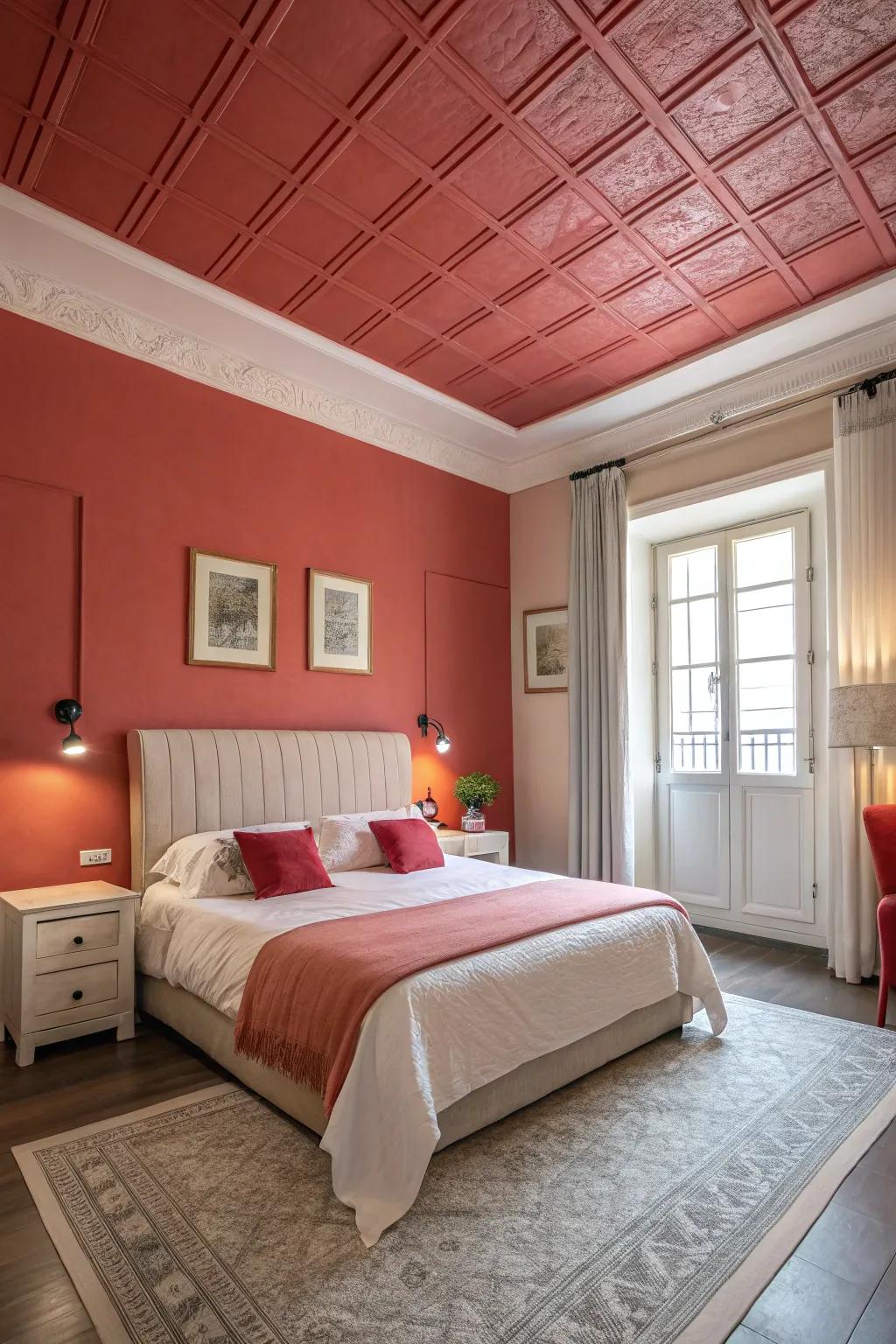 A bold overhead surface selection adds a sense of enclosure and unity to this bedroom.