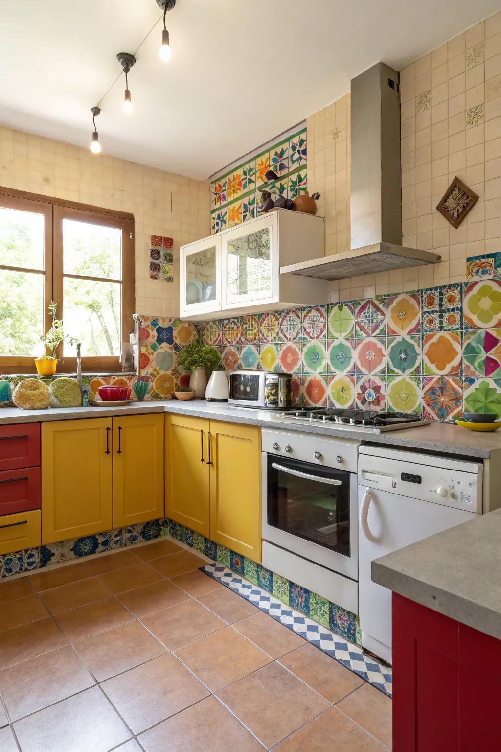 A colorful backsplash injects character and color into the cooking area.