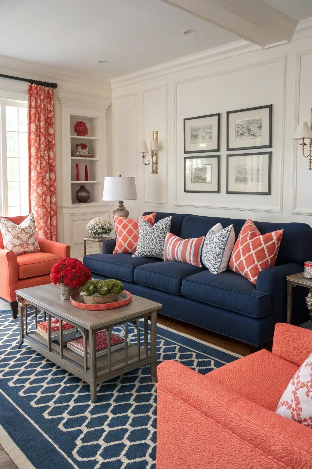 Contrasting palettes of navy and coral establish a bold and balanced living area.
