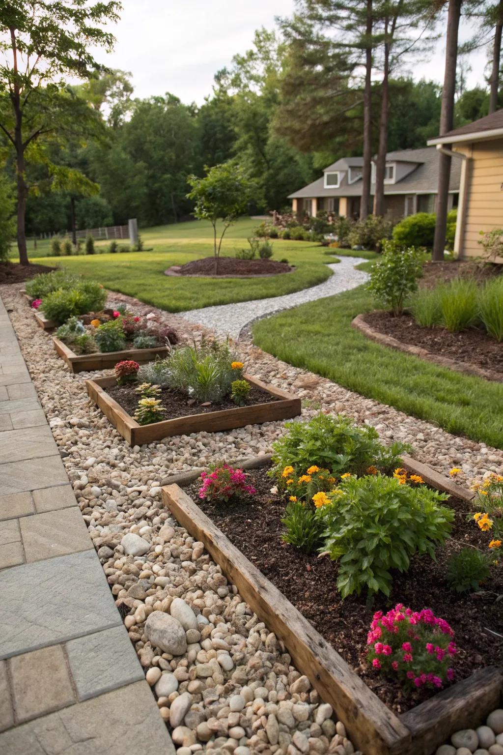 Bark chips and stones add beauty and make care easier.