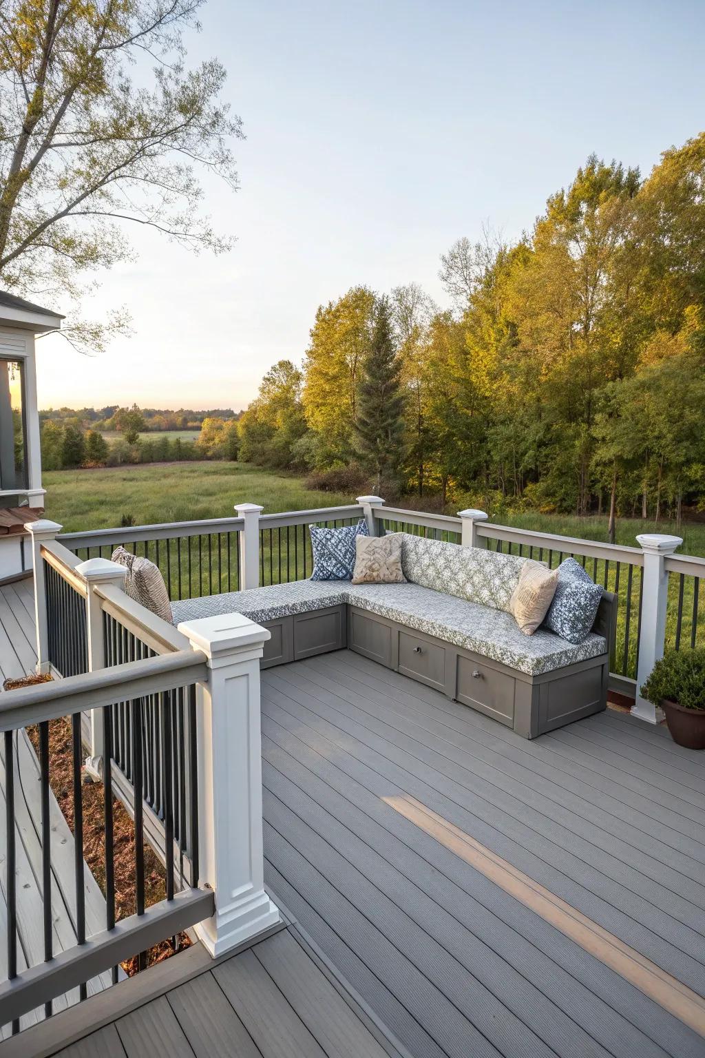 Built-in seating in barriers offers practical and stylish deck solutions.