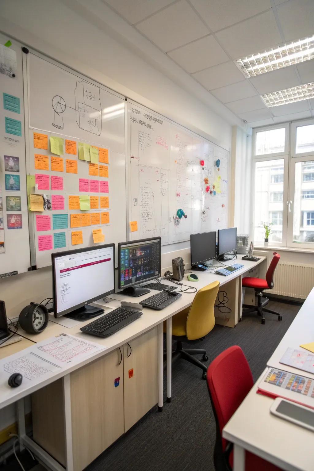 A creative computer space featuring a whiteboard for planning and ideas.