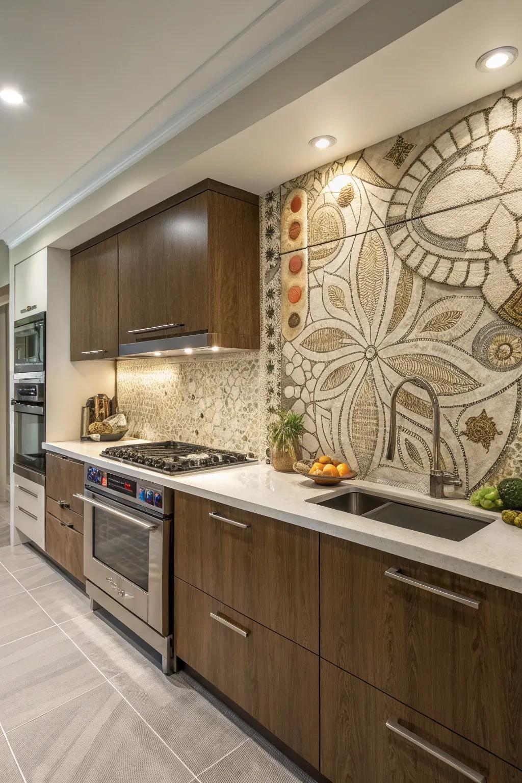 An artistic wall shield introduces a daring statement to your cooking area.
