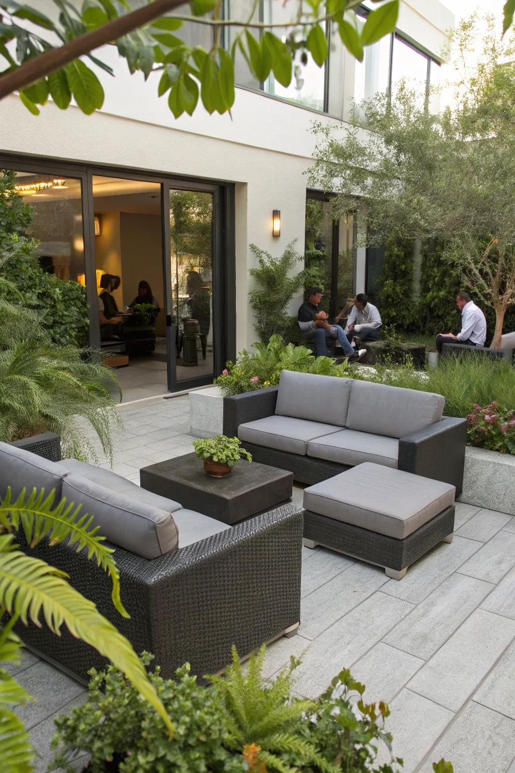 Modular furniture providing adaptable seating on a patio.
