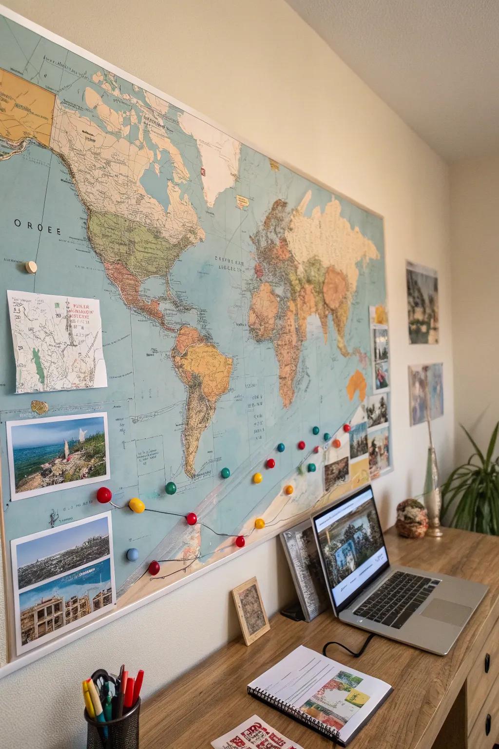 A map wall inspiring travel and adventure