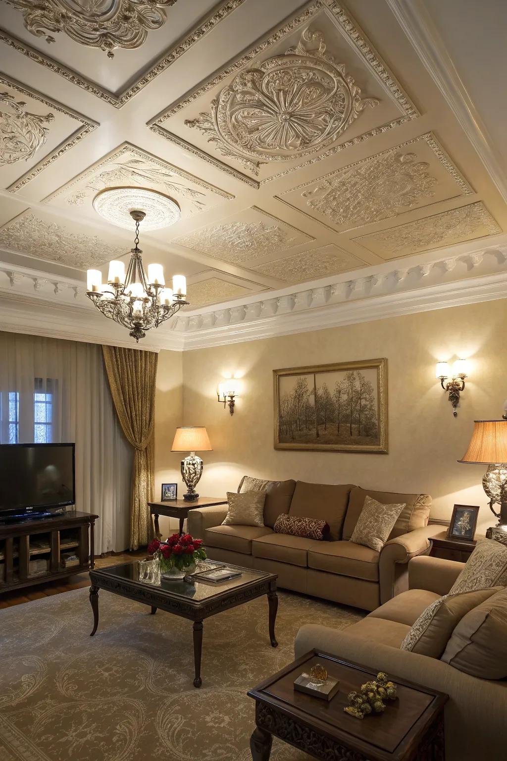 This living room is made more elegant and intriguing by the use of subtle ceiling accents.