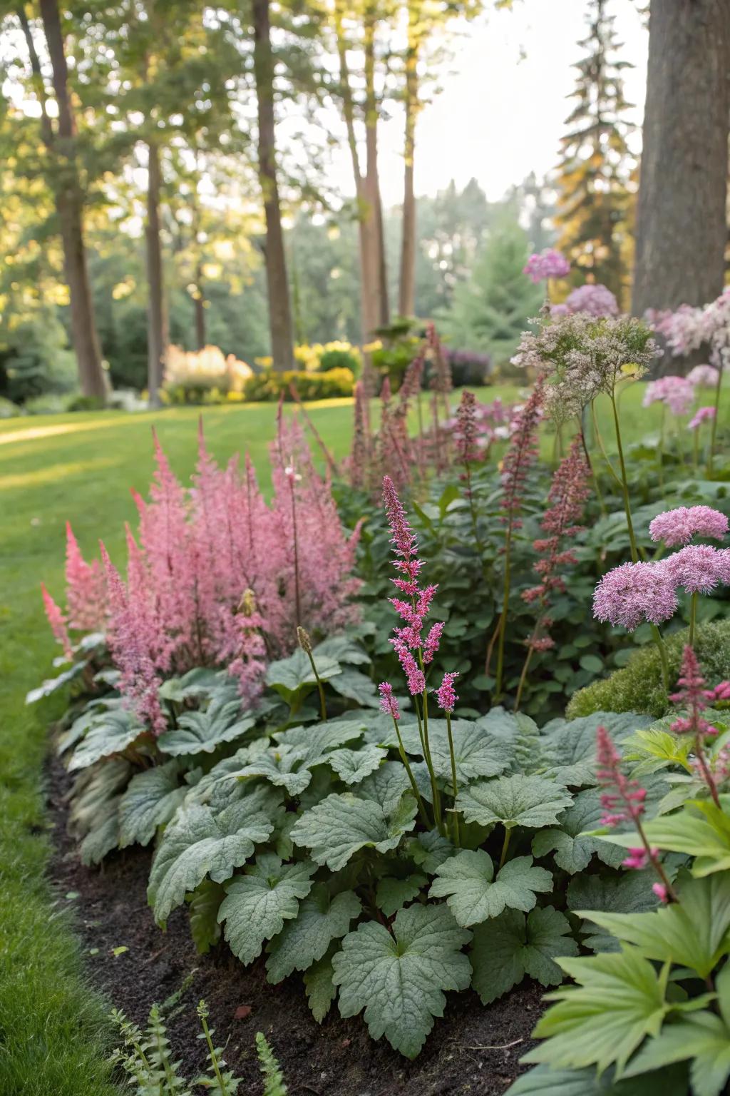The alliance of huecheras with pulmonaria and astilbe fashions a tranquil shade garden.
