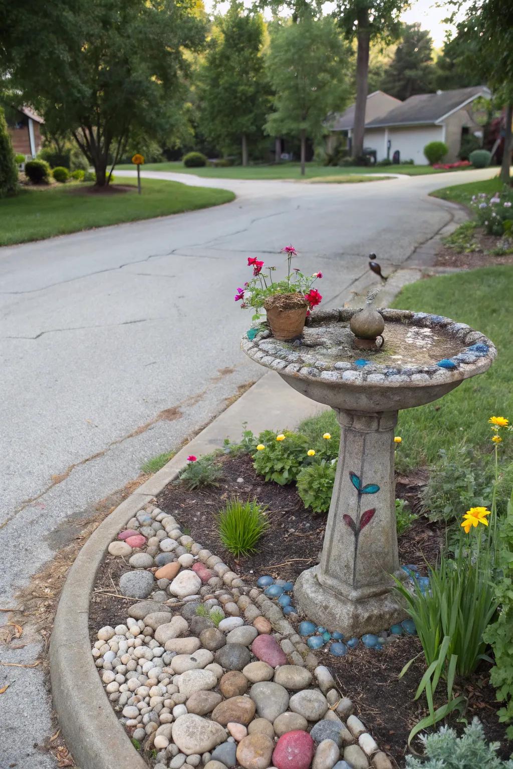 A charming DIY birdbath inviting birds and adding beauty.