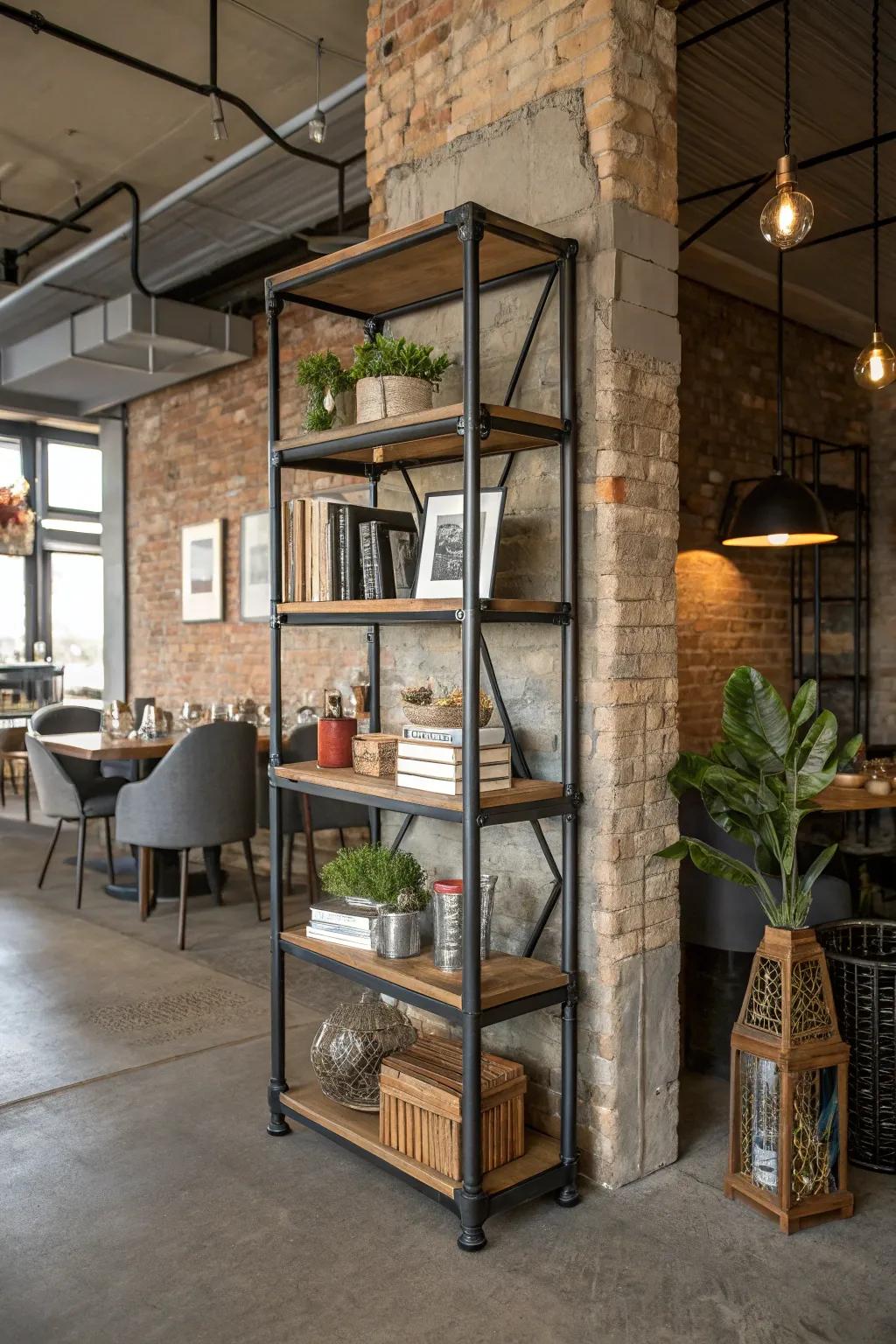 Industrial shelving add edgy sophistication to your dining room.