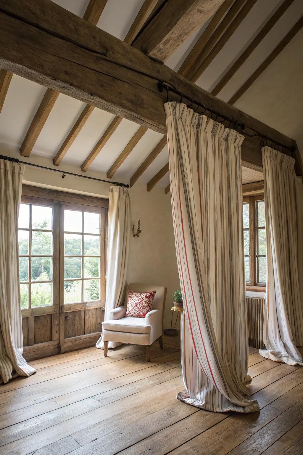 Striped curtains add classic charm and enhance the feel of vertical space.