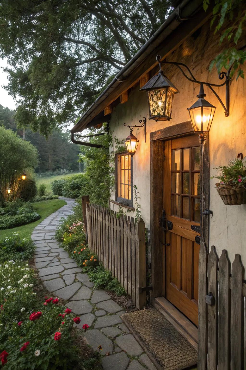 Vintage illumination elements impart warm charm to a cottage facade.