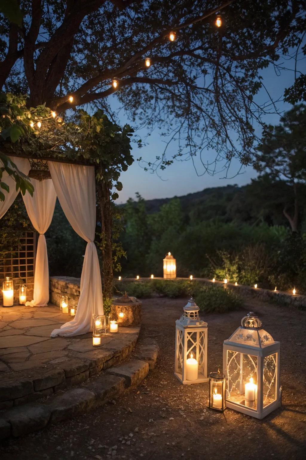 Candle lanterns fashioning a gentle, romantic ambiance.