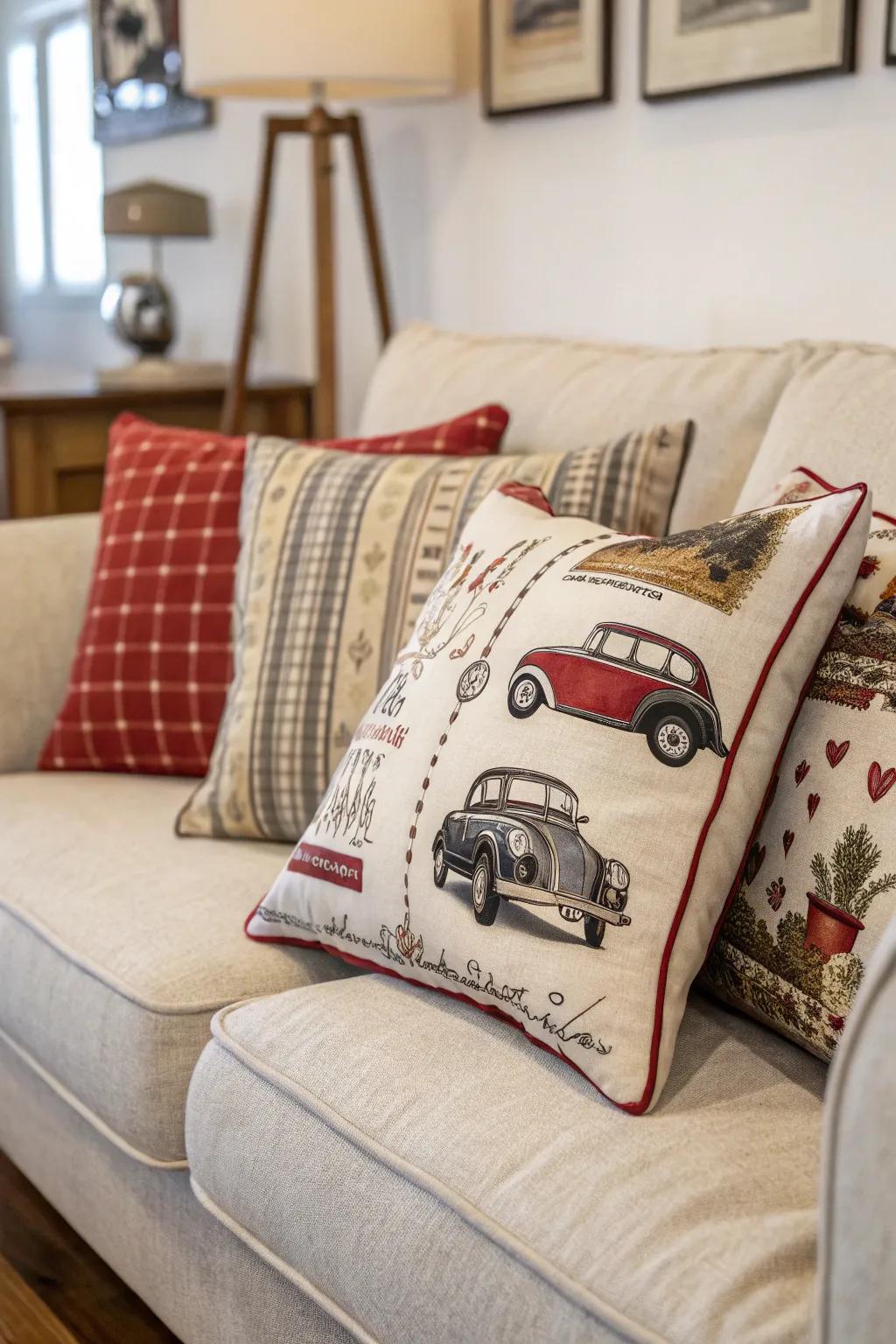 Vintage pillows append nostalgic charm to the décor.