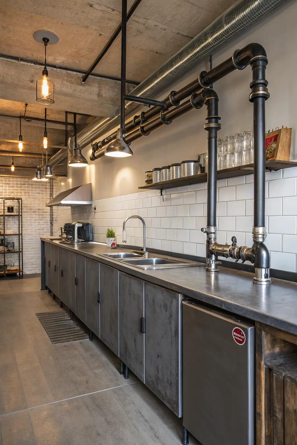Industrial metal pipe end treatments for a modern, urban kitchen appearance.