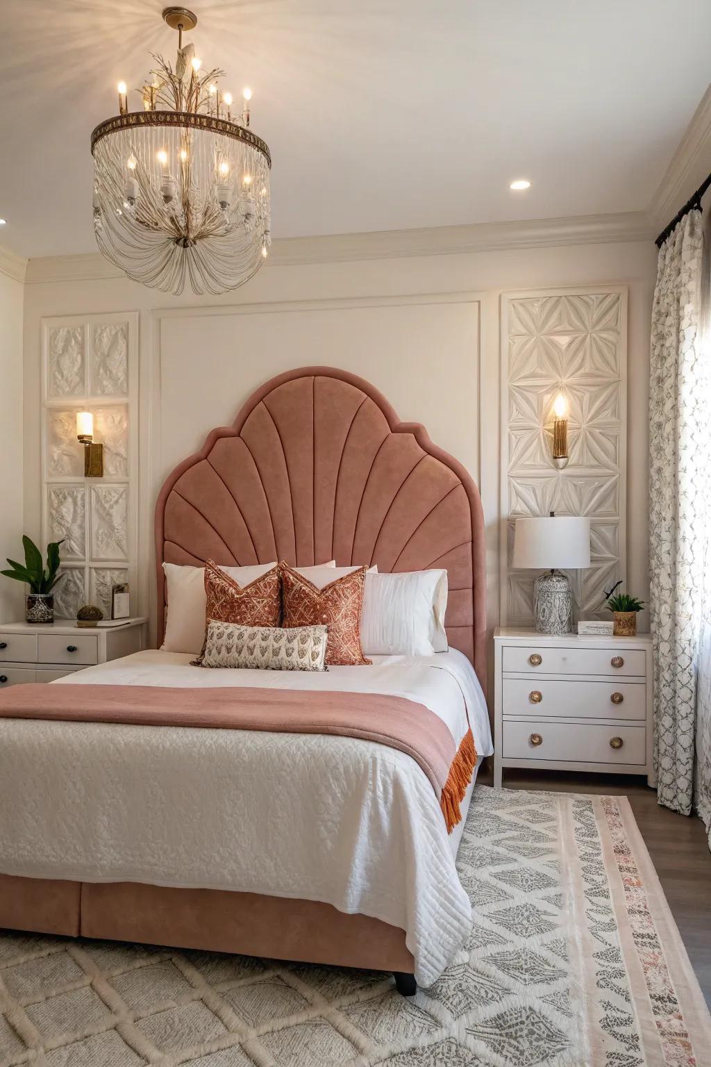 A statement headboard contributes style and focus.