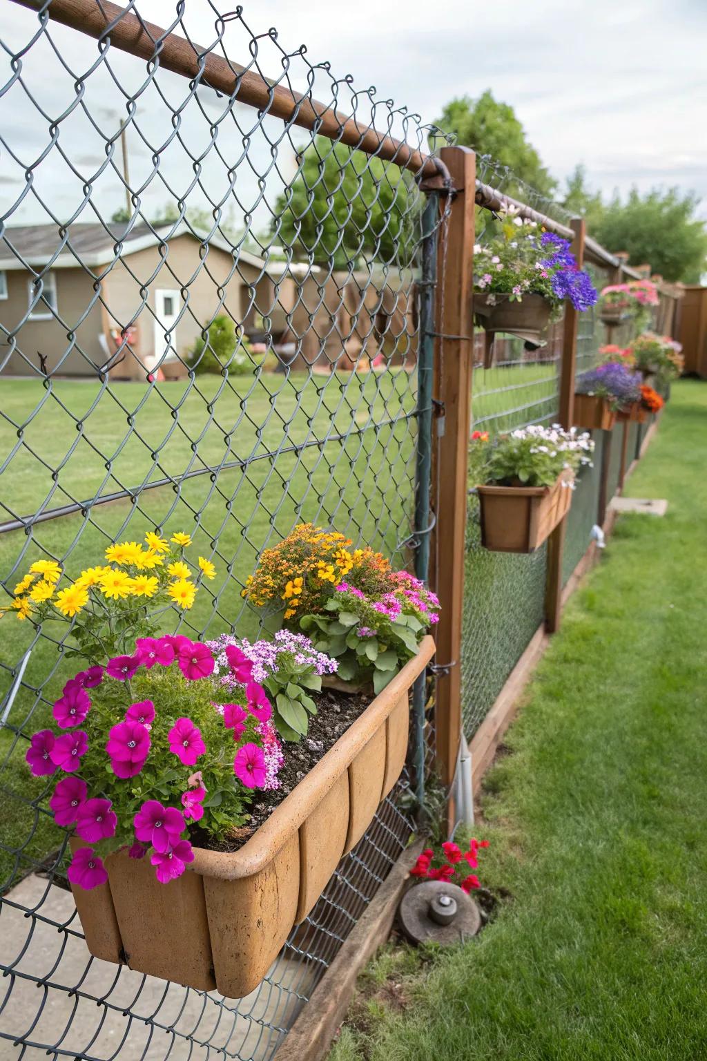 Built-in flowerbeds bring a sprinkle of color and innovation to webbing linkage fences.