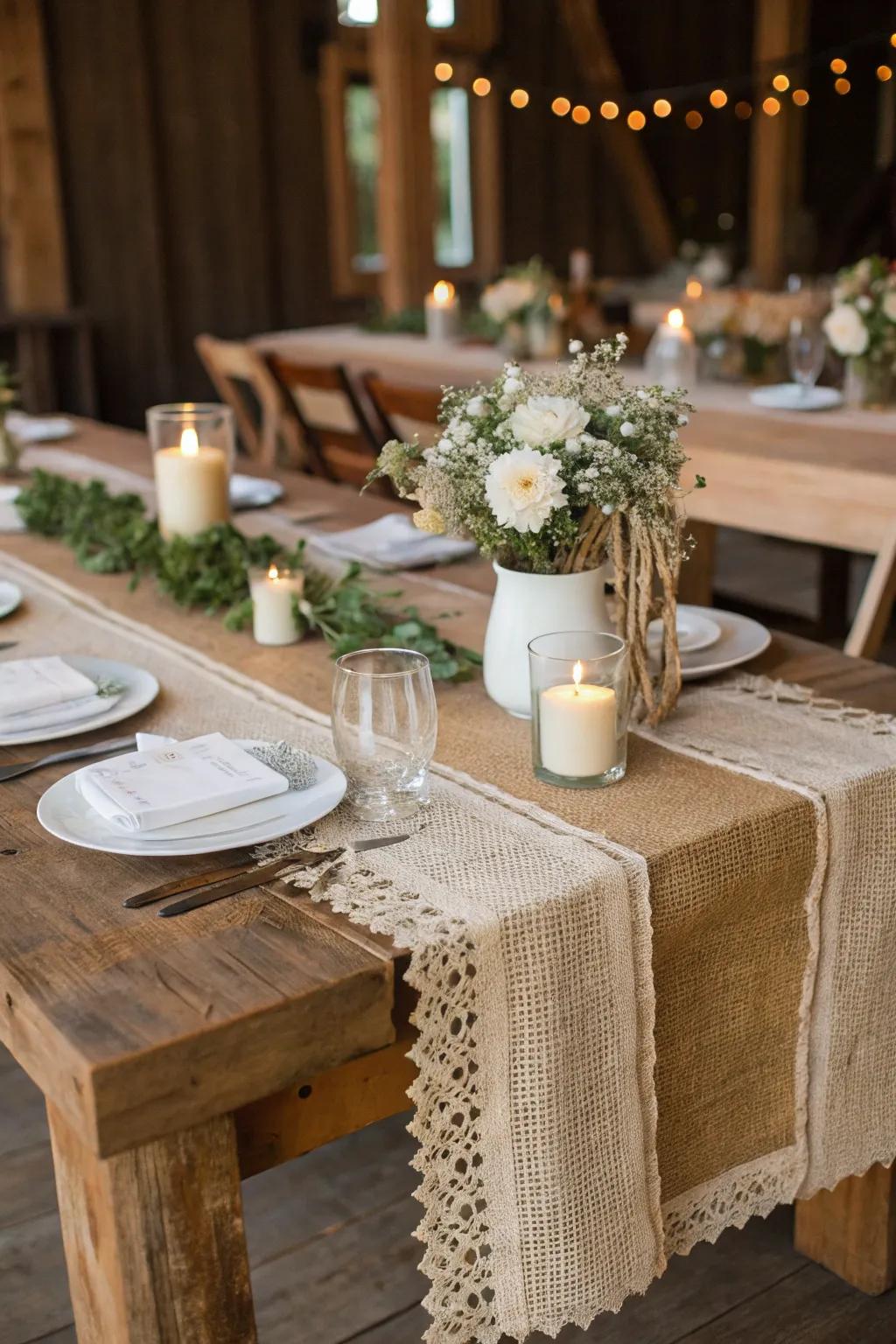 Countryside wedding decorations showcasing burlap table runners for added texture.