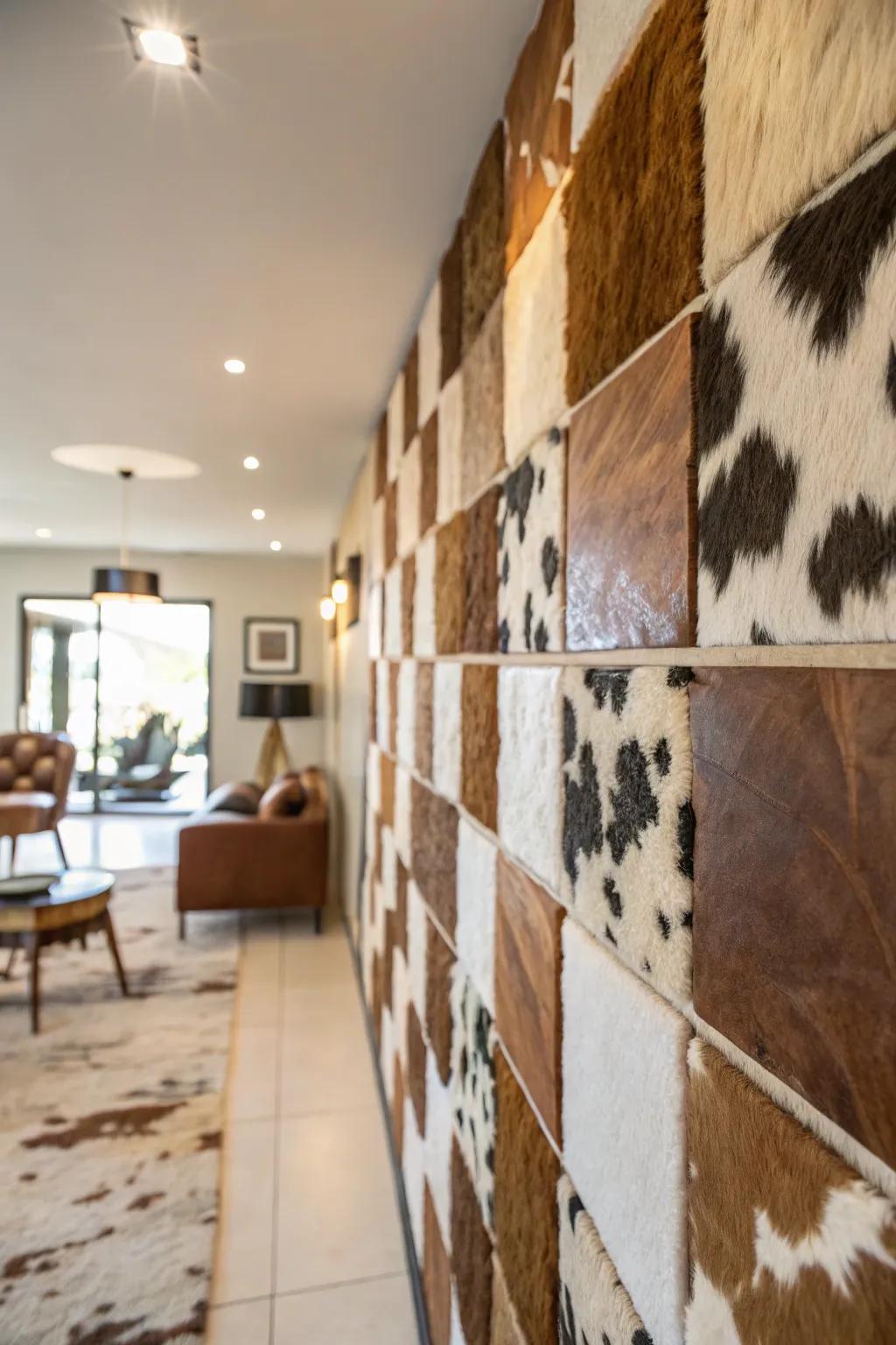 A dramatic accent wall entirely covered in animal hide.