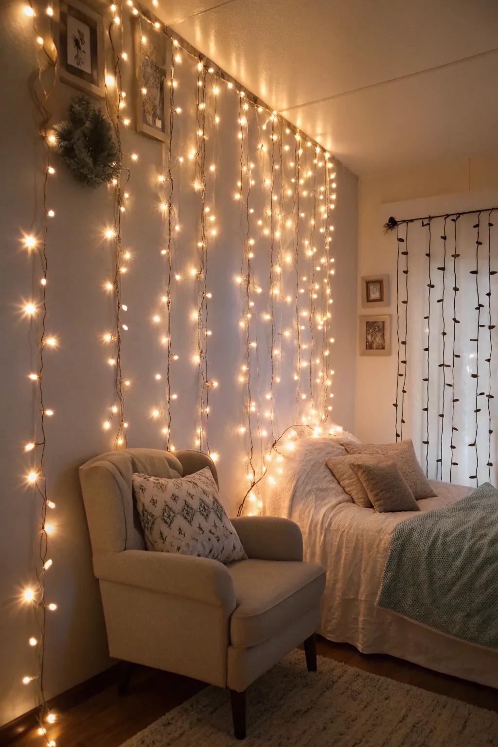 Wall design combined with twinkle lights.