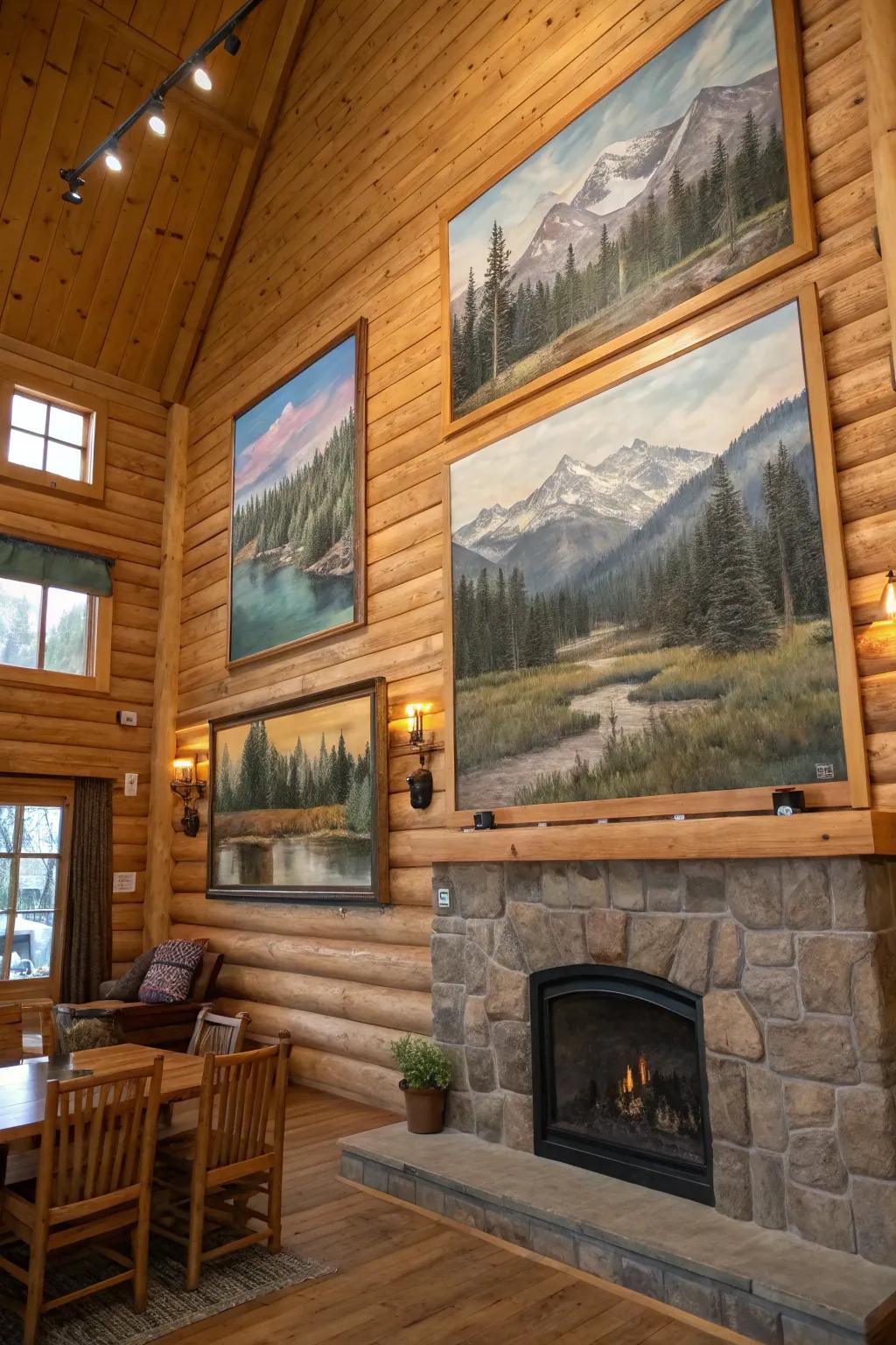 Natural scenery paintings enhance the natural beauty inside the log cabin.
