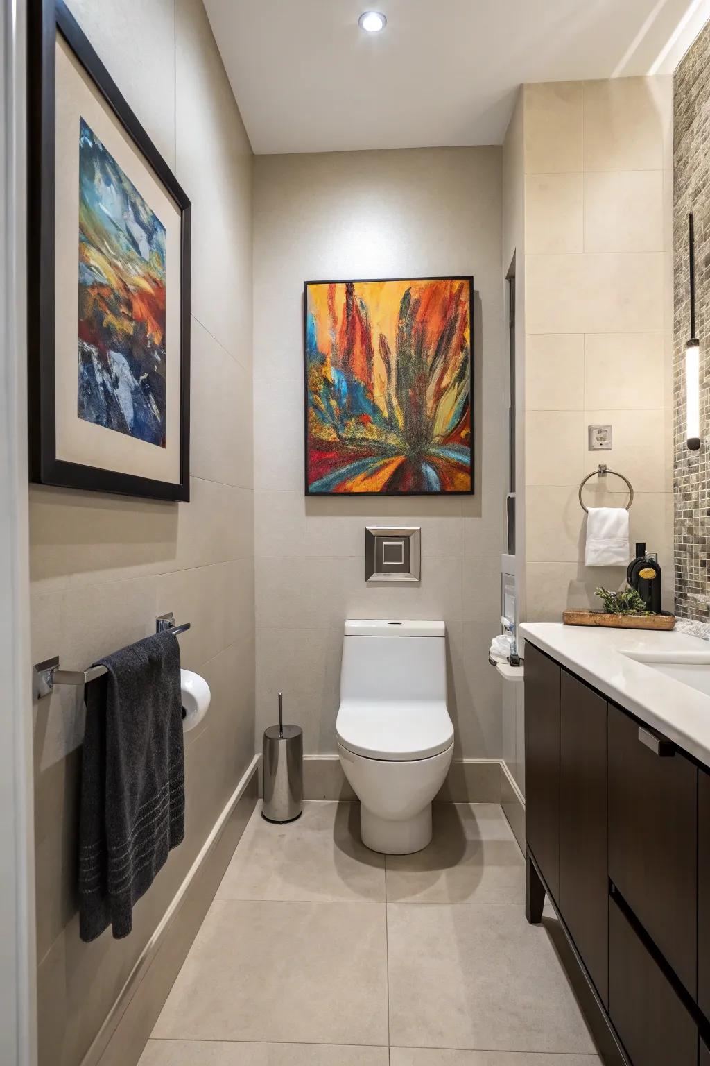 A bathroom featuring unexpected art pieces that amuse and delight.