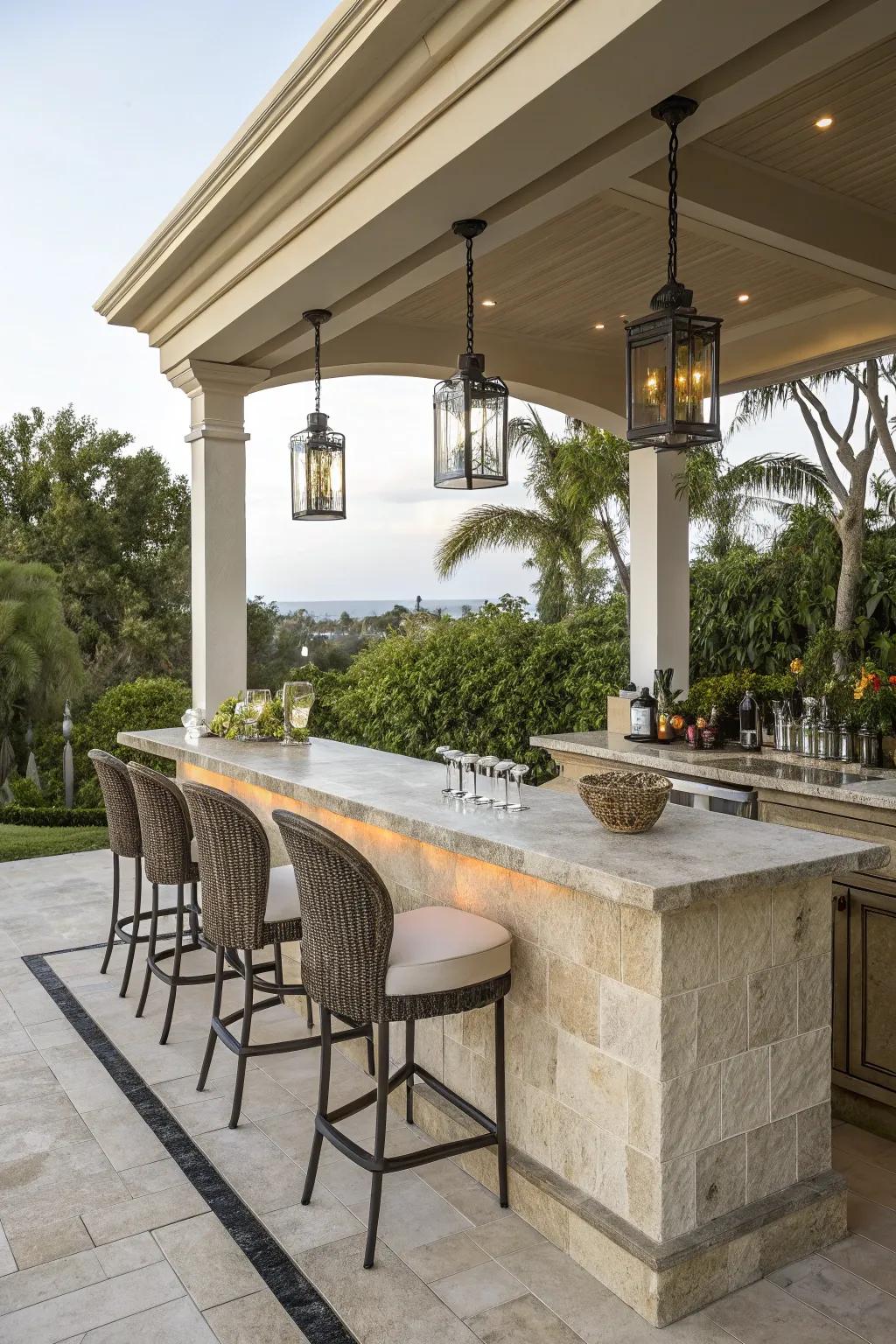 A stone finish gives refinement to this outdoor bar.