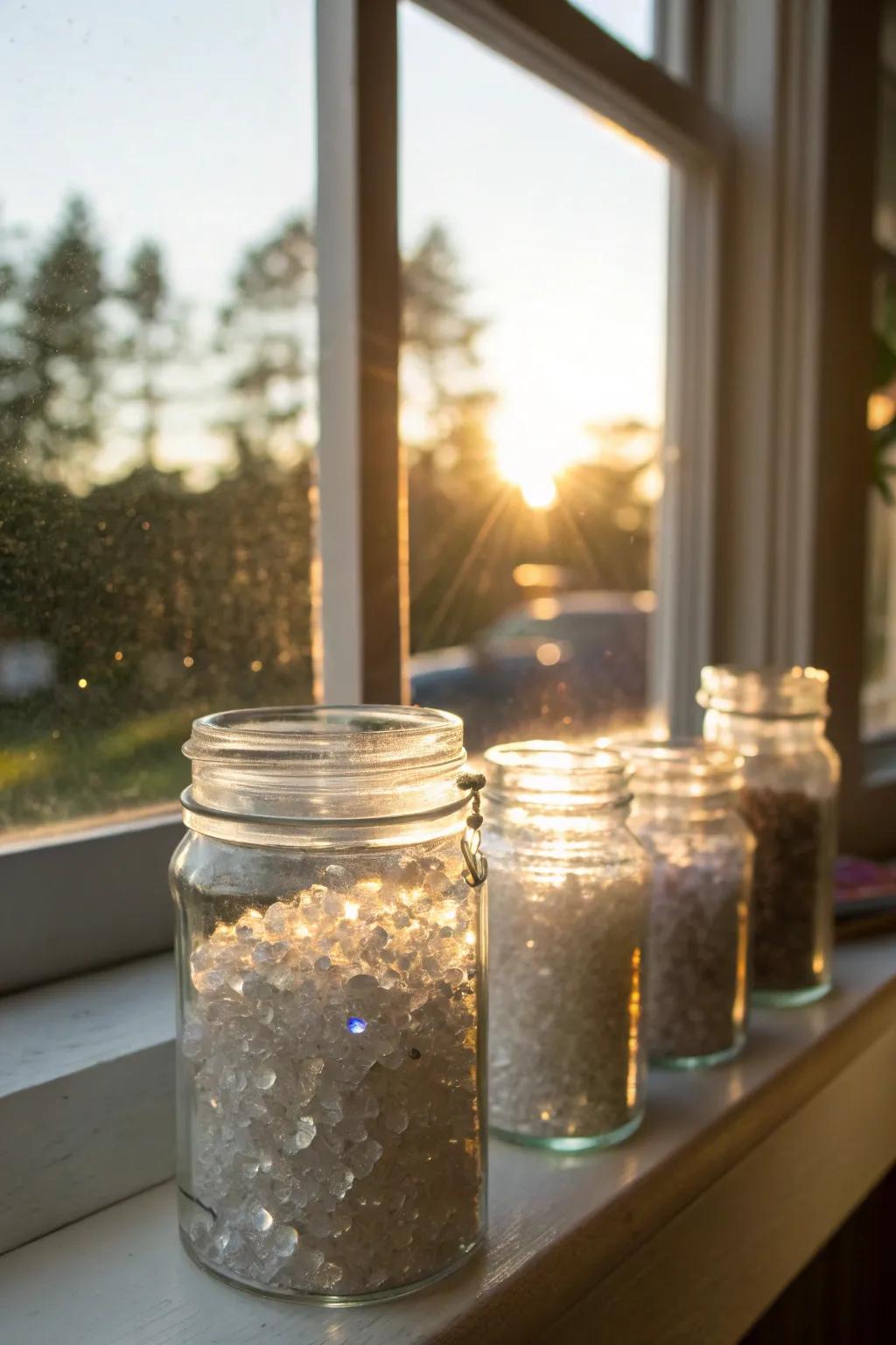 Crystals in glass receptacles cultivate an enchanting and light-catching display.