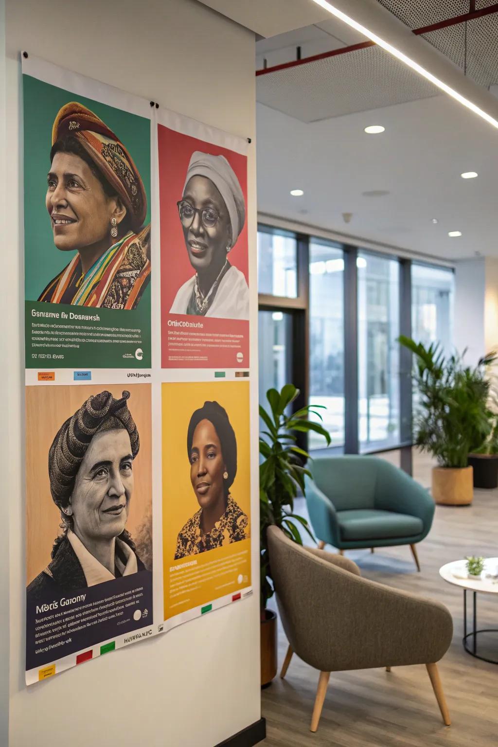 Posters of cultural icons offer inspiration and knowledge.