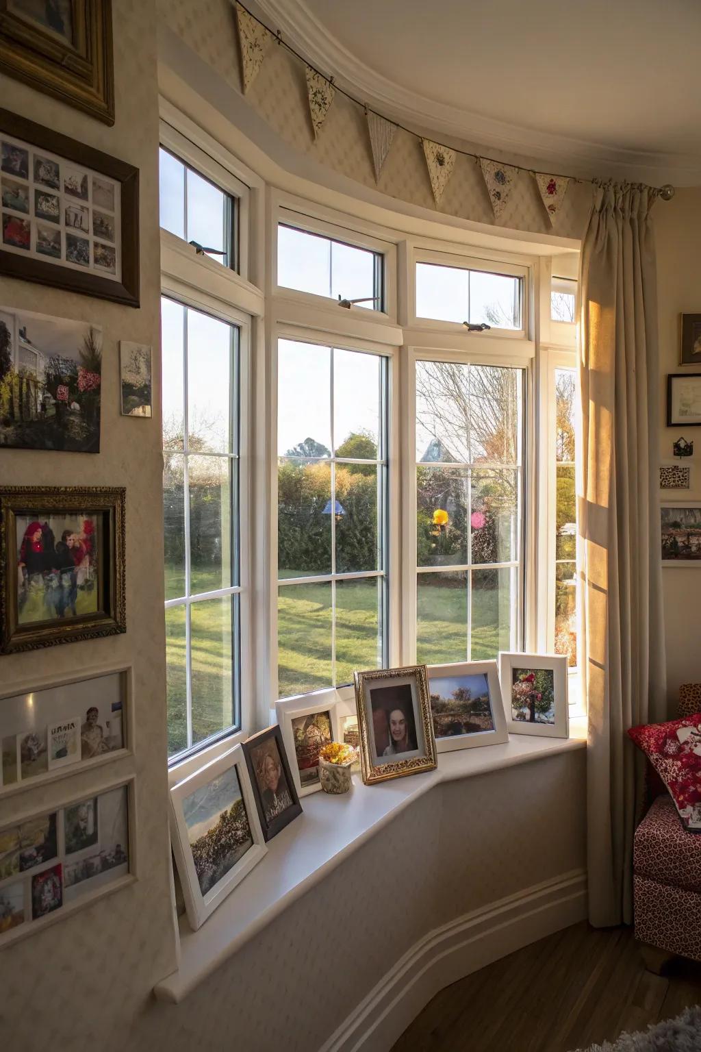 Personal embellishments with portraits and artistry in an arched bay window.
