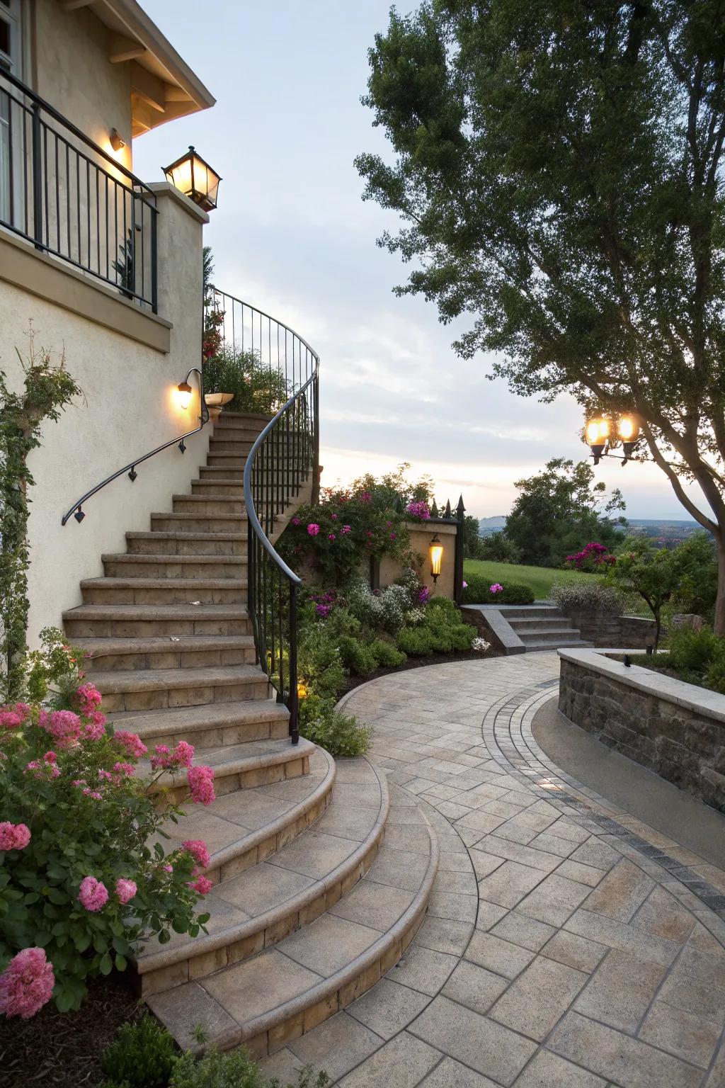 A striking patio entrance featuring a beautifully curved staircase.