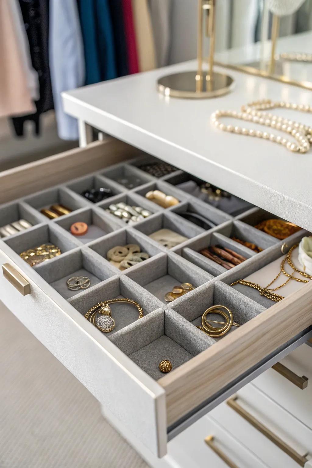 Tray partitions retain small articles neatly arranged.
