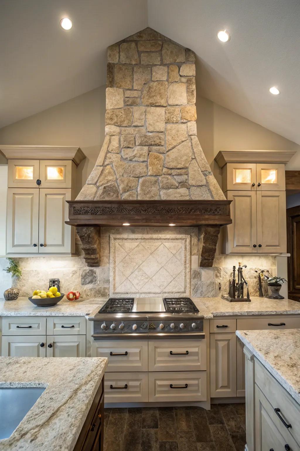 Stone range hoods lend a dramatic and natural element.