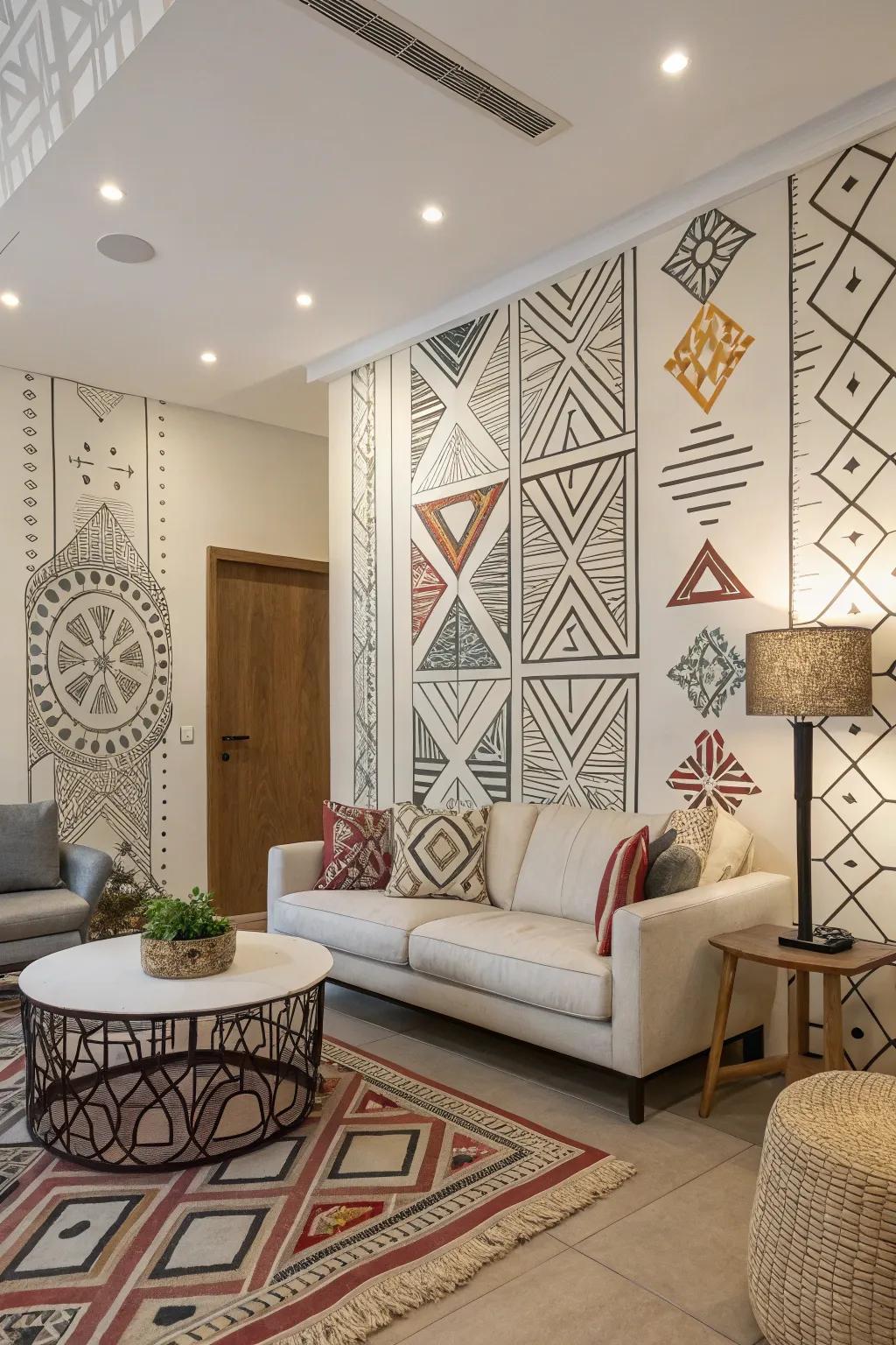 Symmetrical designs impart modern structure to a living zone.
