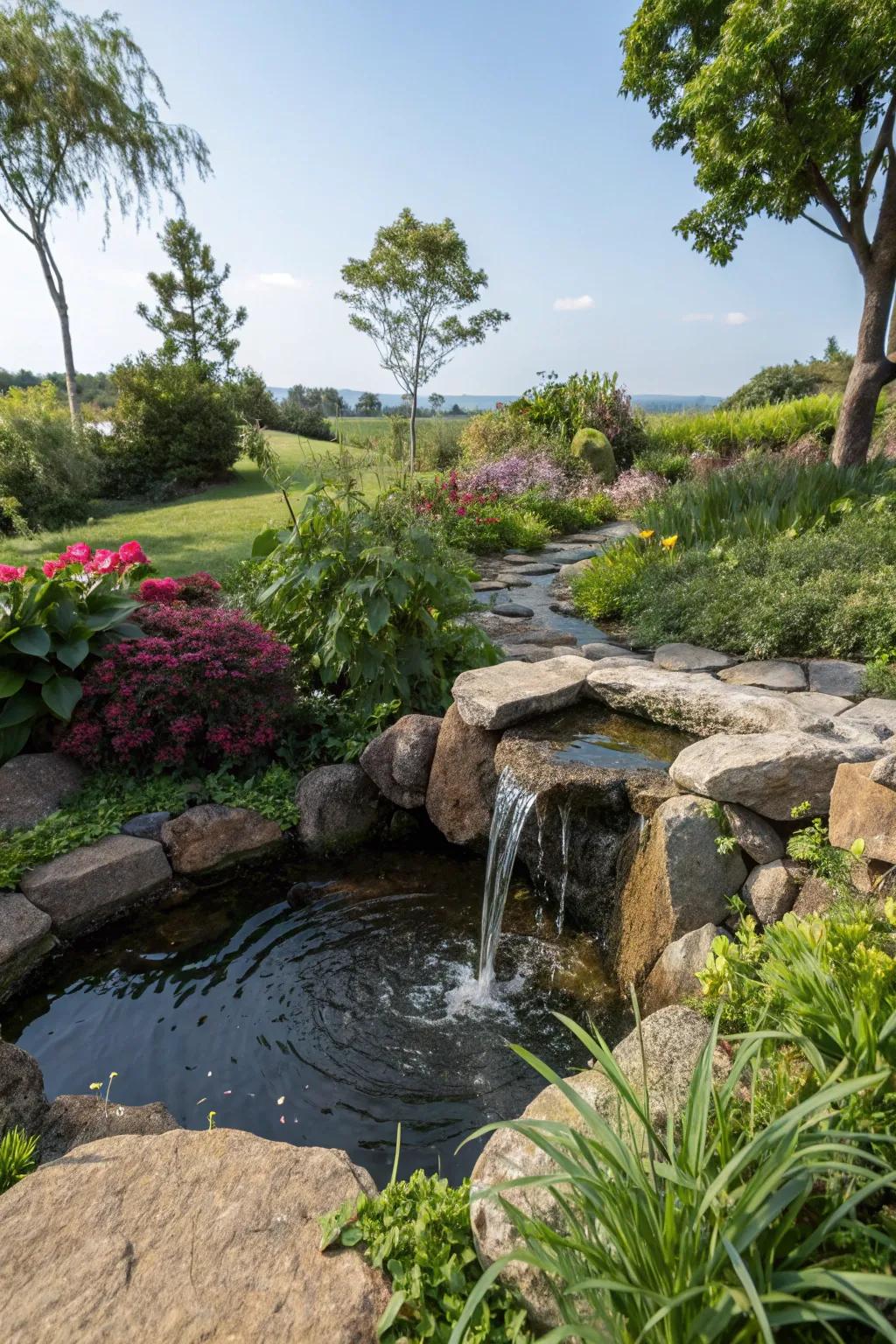 A stone water feature includes calmness and a calming ambiance.