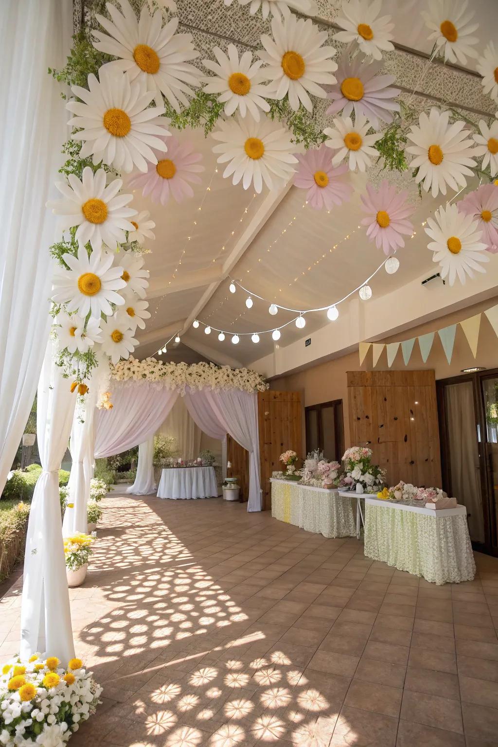 Amaze attendees with abrupt daisy canopy decorations.