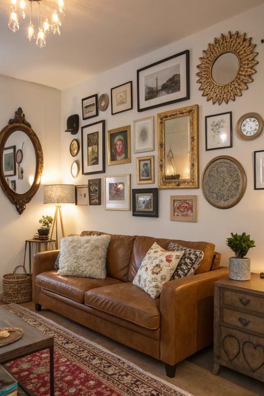 Eclectic wall decorations append character and depth.
