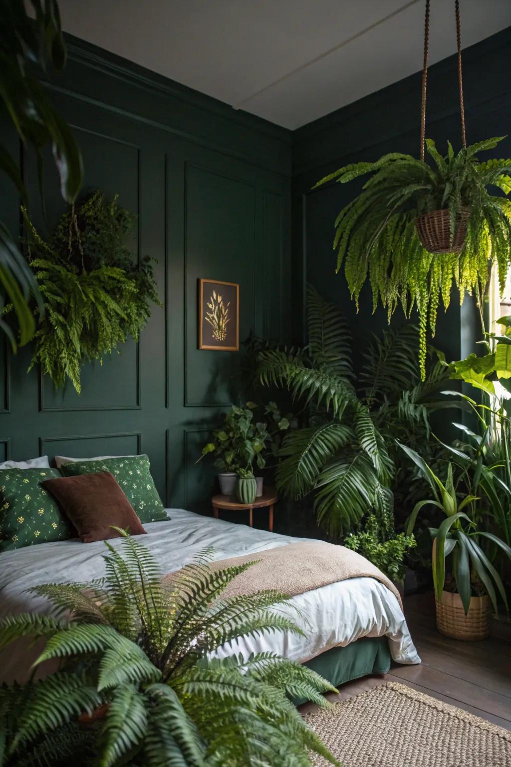 A dark green bedroom infused with verdant plants like ferns and palms.