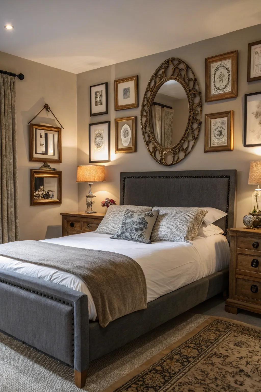 Reflectors imitate radiance and amplify the polish of a grey-themed boudoir.