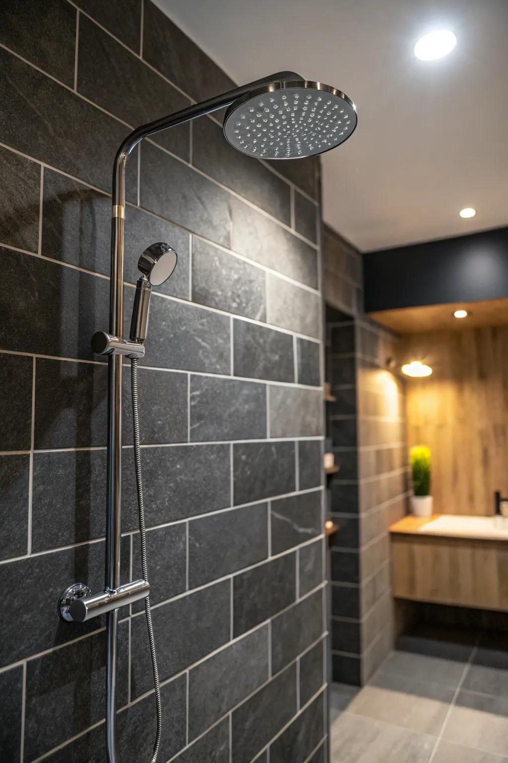 Illumination enhances the textures of deep charcoal tiles, creating a dynamic look.