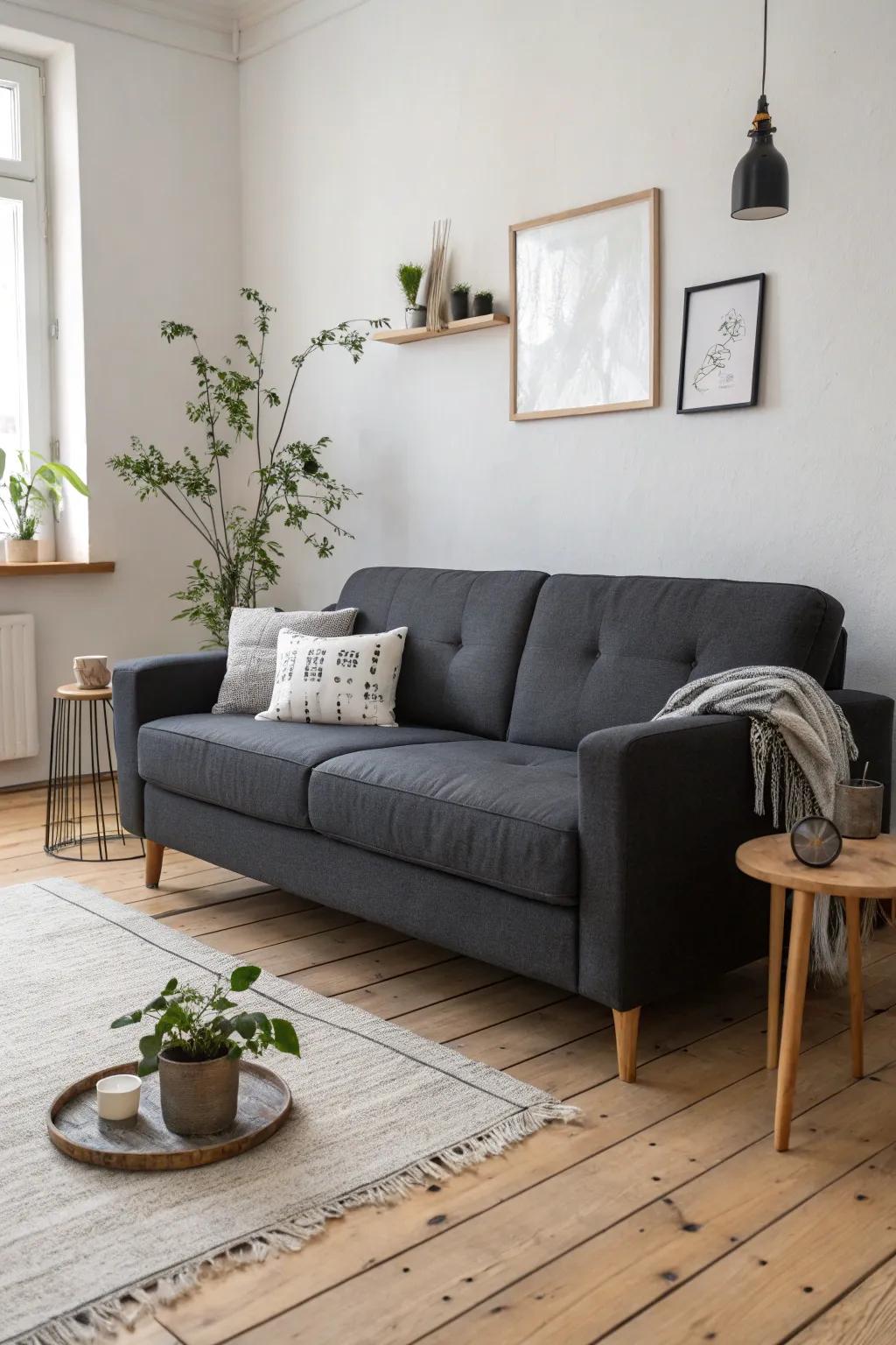 Scandinavian minimalism accentuates the elegance of a grey loveseat.