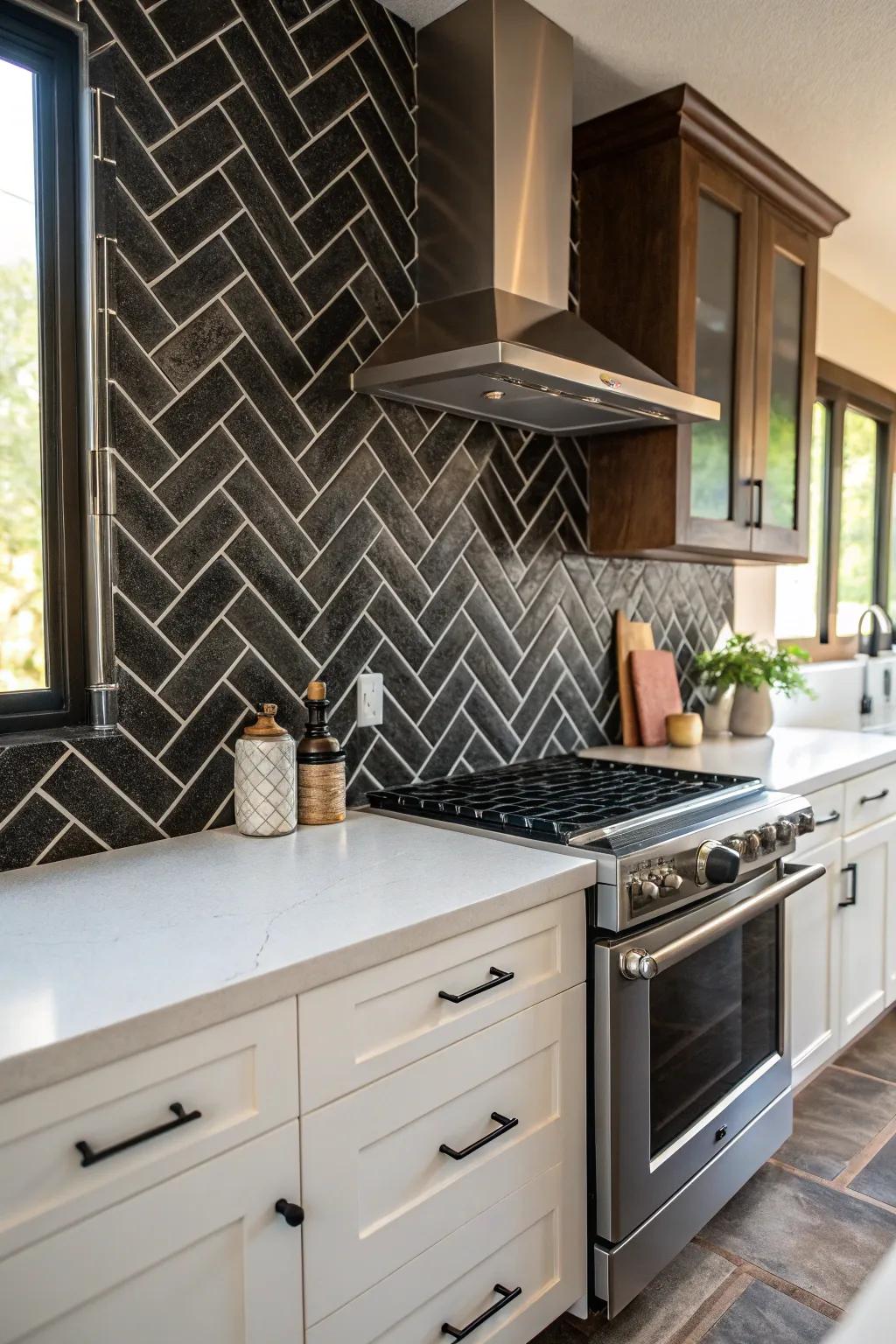 A kitchen design highlighting a deep tile backsplash aligned in an angled arrangement for enhanced visual appeal.