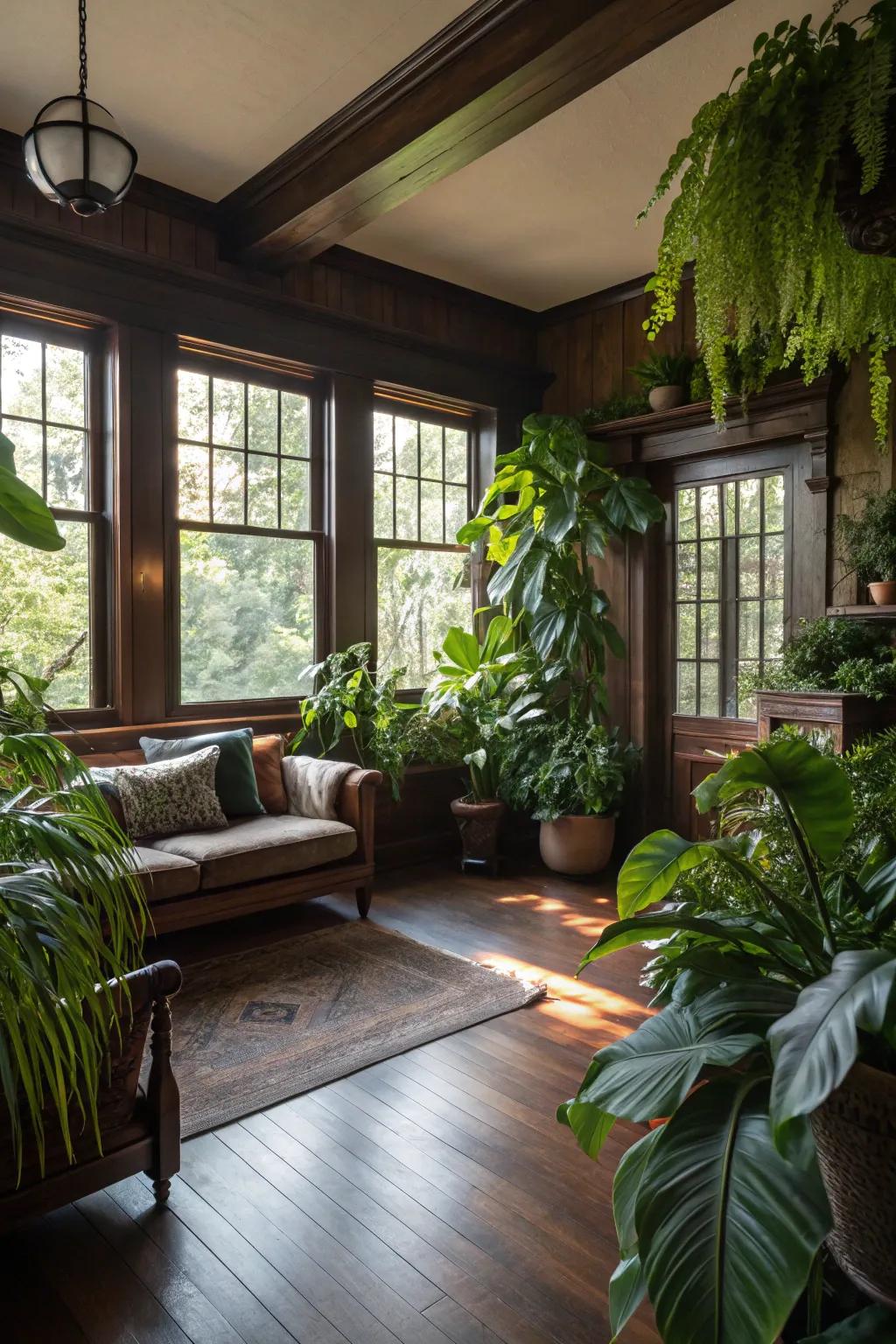 The natural elements complement the richness of dark wood floors.