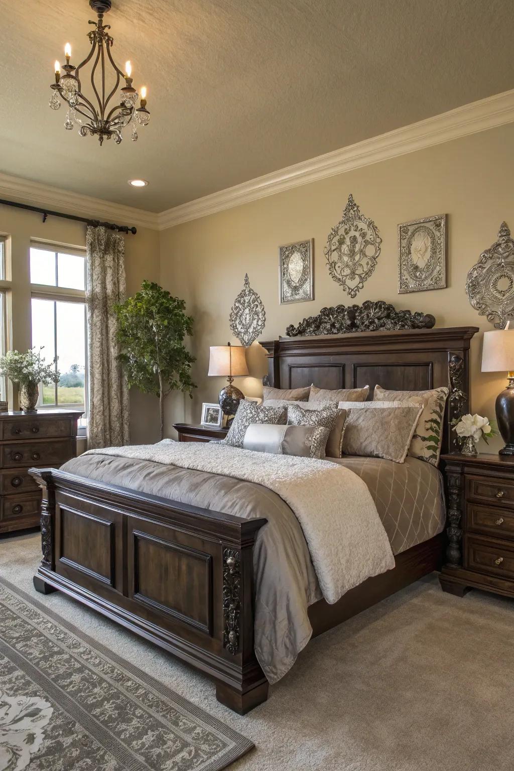 Silver accents enhance the sophistication of deep-toned timber.