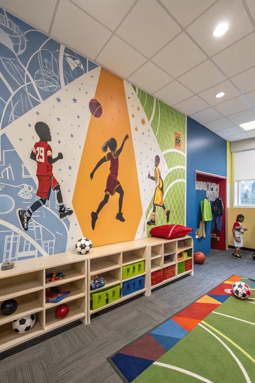 A daycare area stimulated by dynamic sports-themed wallcovering.