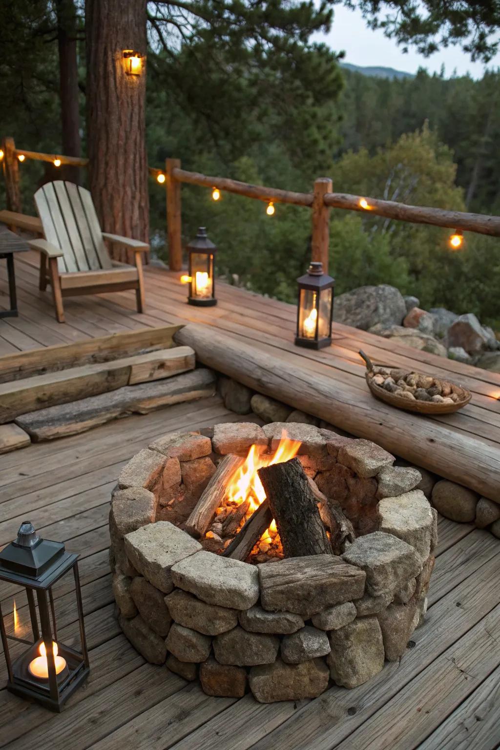 Organic stone fire features incorporate rustic elegance to any patio.