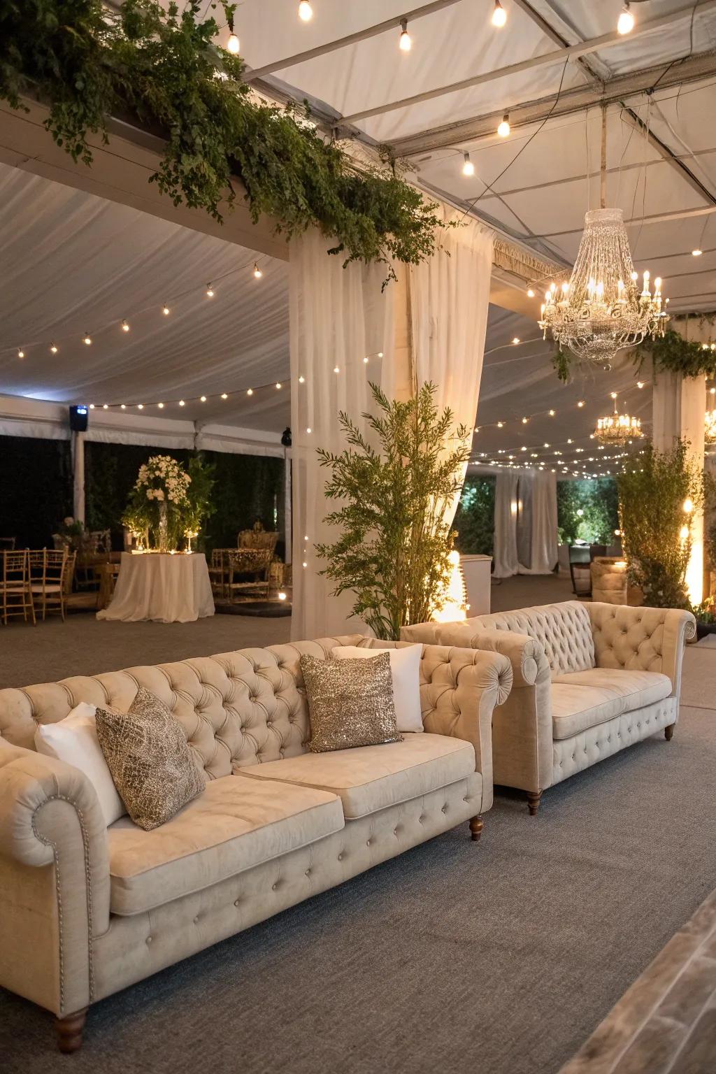 Chic seating zones offering comfortable relaxation spots at a ceremony.