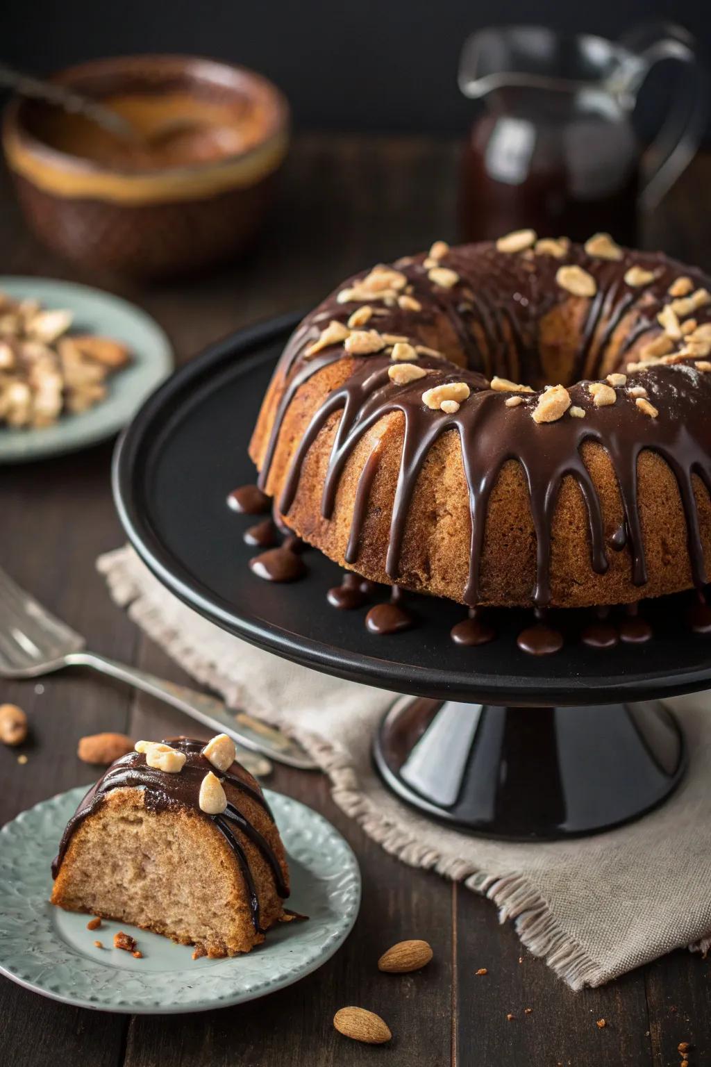 A bundt cake with a delicious fusion of chocolate and peanut butter.