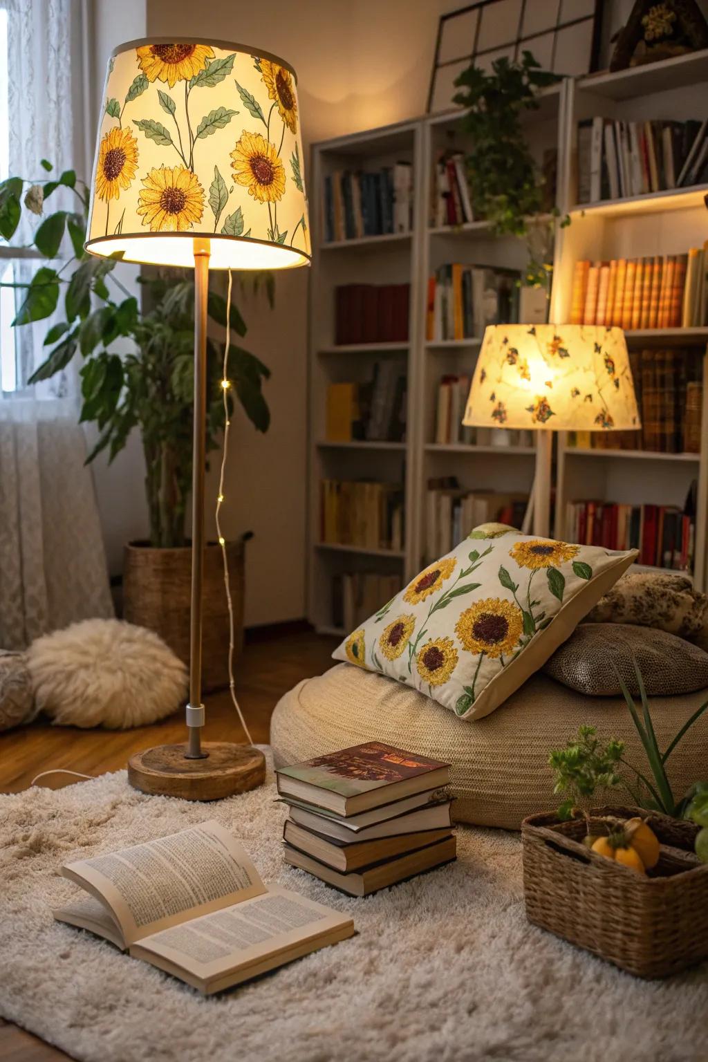 Lamps featuring sunflowers enhance warmth and a cheerful ambiance to any area.