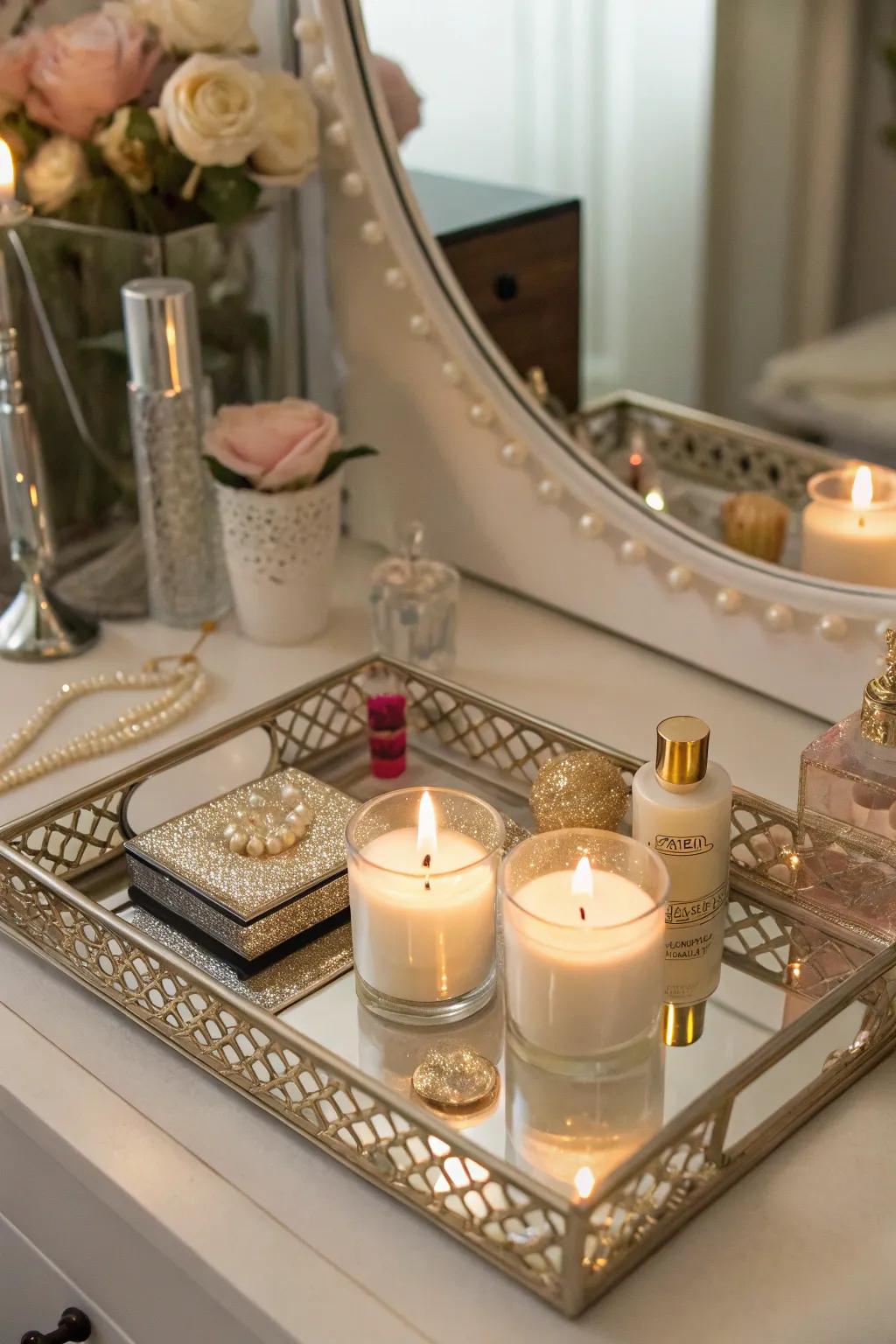 Reflective beauty with a mirrored tray.